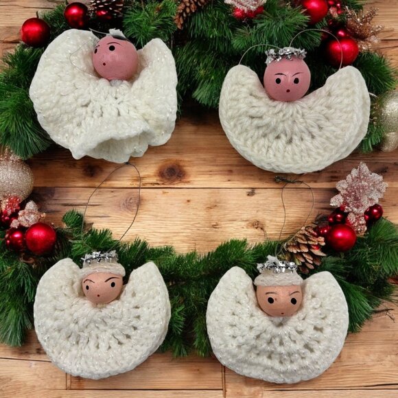 Handmade Crochet Angel Ornament Set Of 4 Vintage Christmas Yarn Decor - Picture 1 of 9